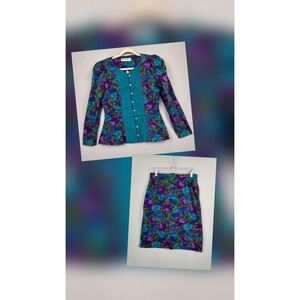 Vintage go vicki! Skirt Suit Womens 9/10 Teal Purple Floral Peplum Made USA 90s